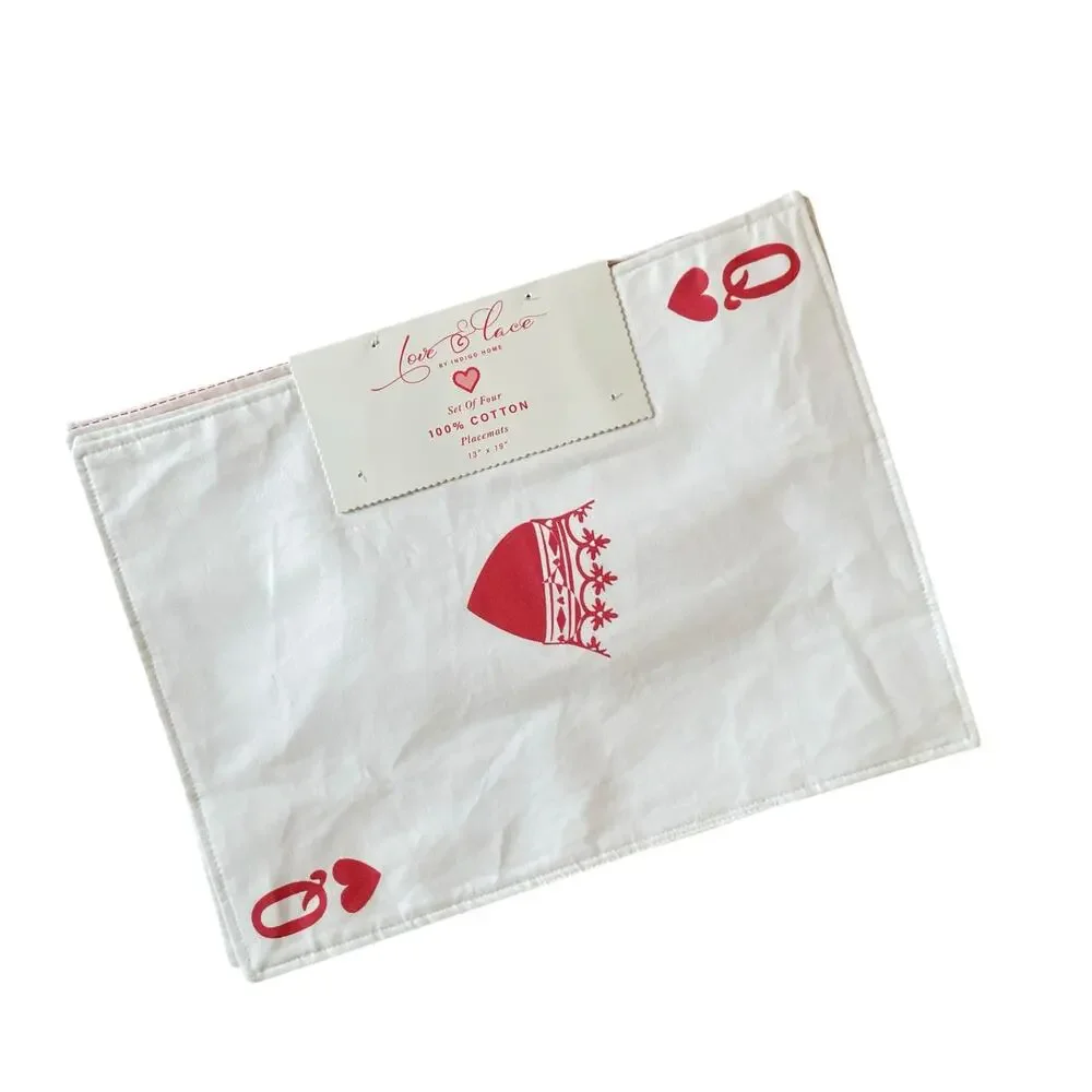 Indigo ACE OF HEARTS Valentine Placemats 19x13 Cotton Red & White Set of 4 NEW